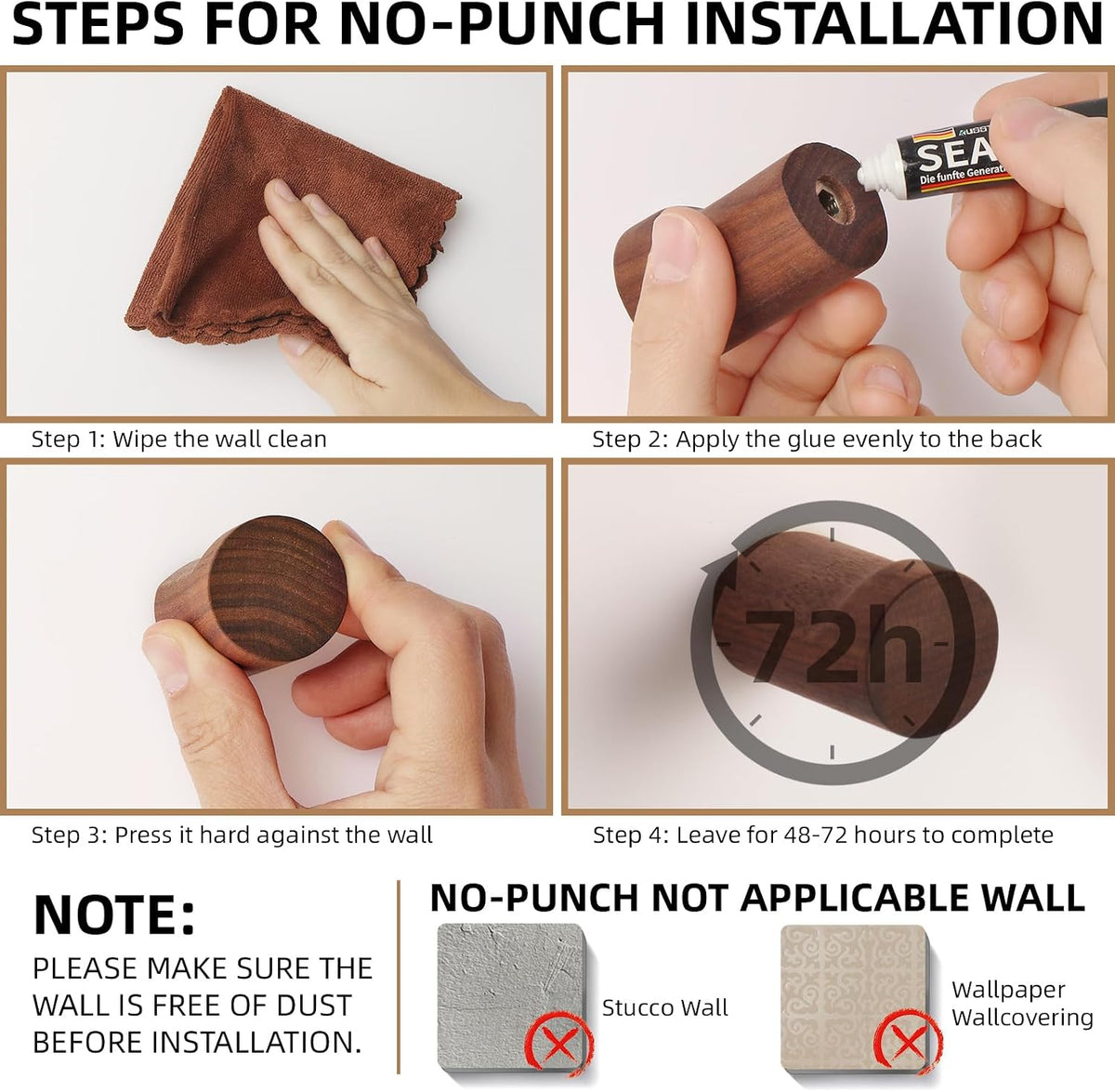 4 Pack Wood Wall Hooks Walnut Wooden Coat Hooks Adhesive Hooks Heavy Duty