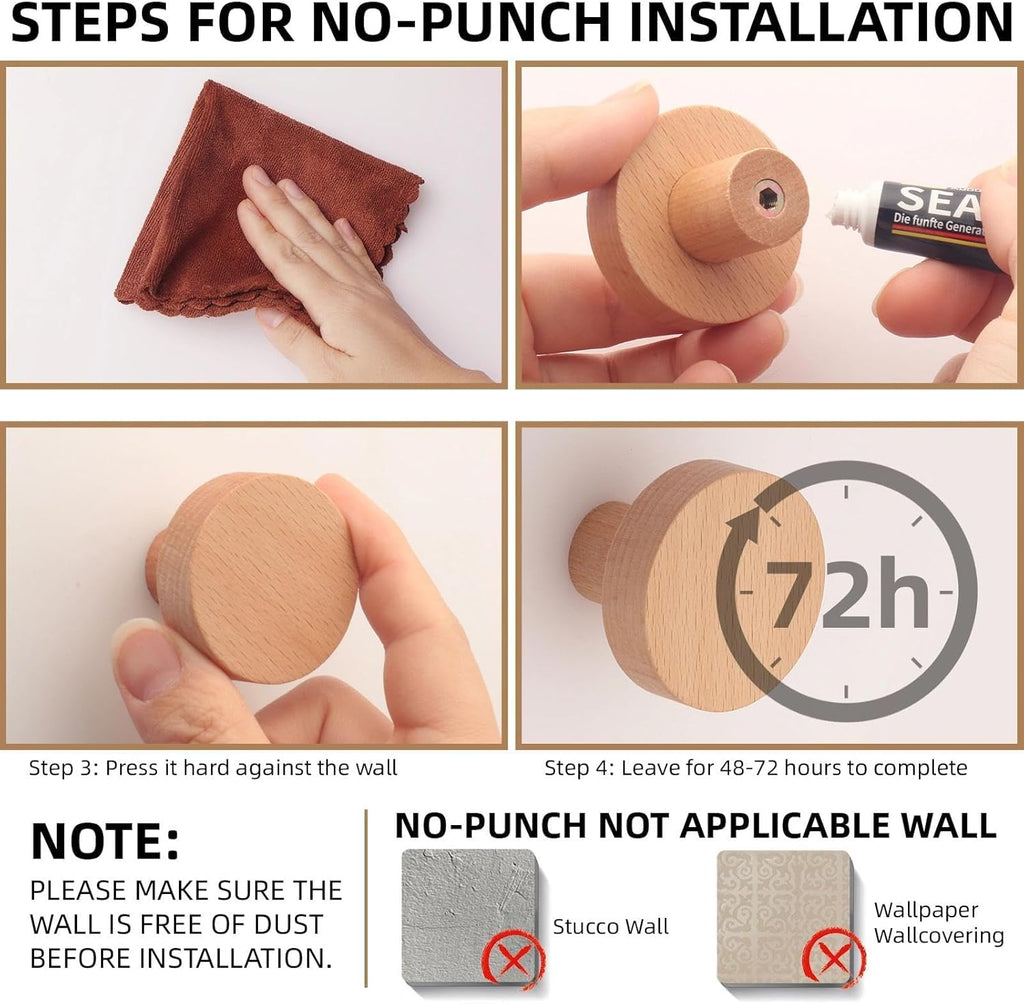 4 Pack Wood Wall Hooks Round Wooden Coat Hooks Adhesive Hooks Heavy Duty