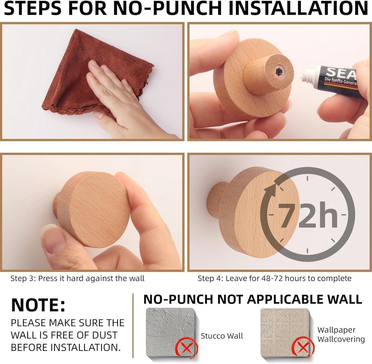 4 Pack Wood Wall Hooks Round Wooden Coat Hooks Adhesive Hooks Heavy Duty