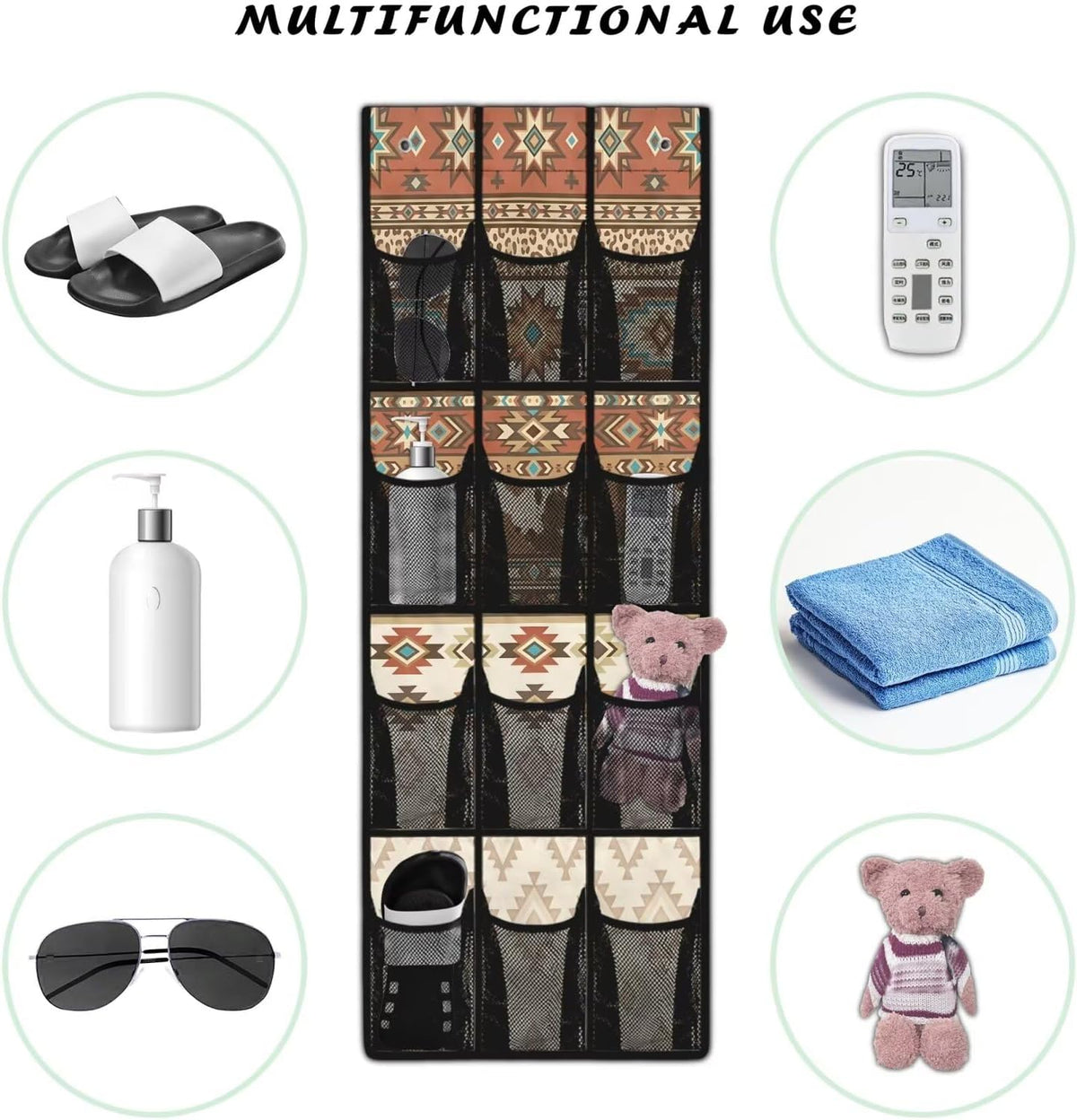 Aztec Tribal Pattern Hanging Shoe Organizer,Shoe Organizer Door Hanger with 12 Mesh Large Pockets,Behind Door Shoes Hang Holder Rack