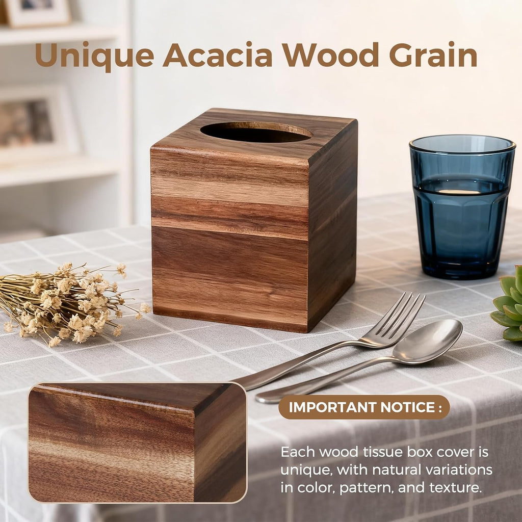 Acacia Wood Tissue Box Cover, Square Wooden Tissue Box Holder for Bathroom