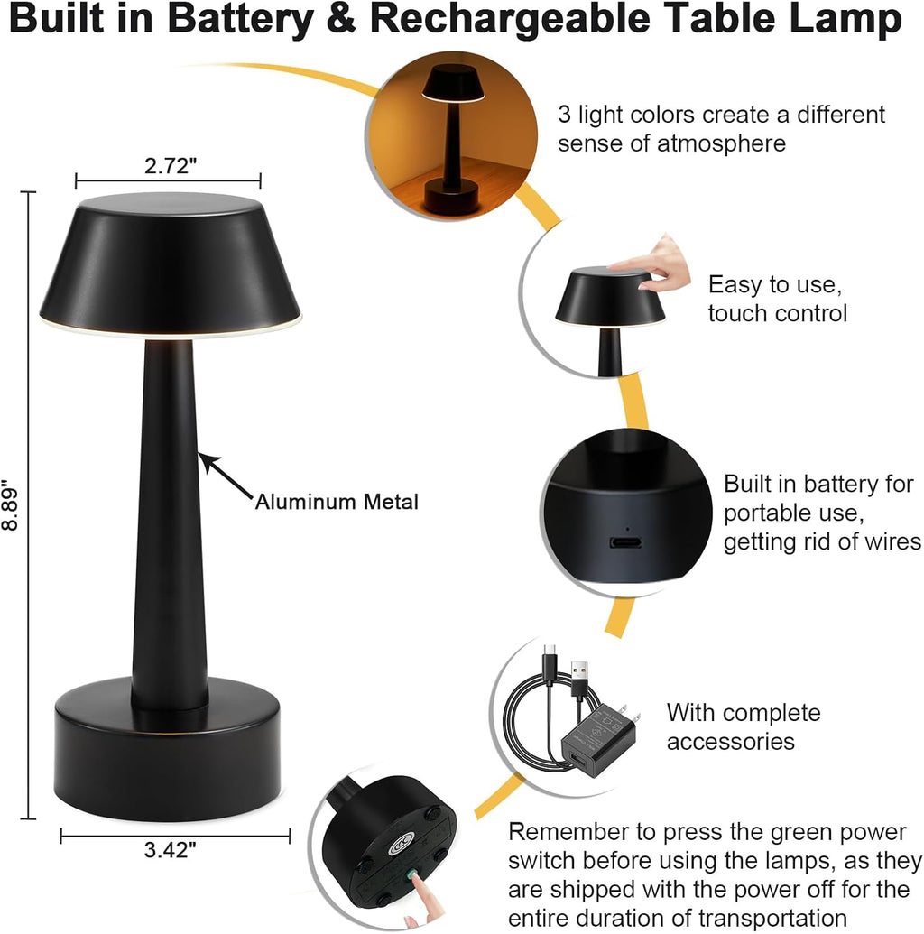 2 Pack Small Cordless Table Lamp for Restaurant, Black Metal Lamp