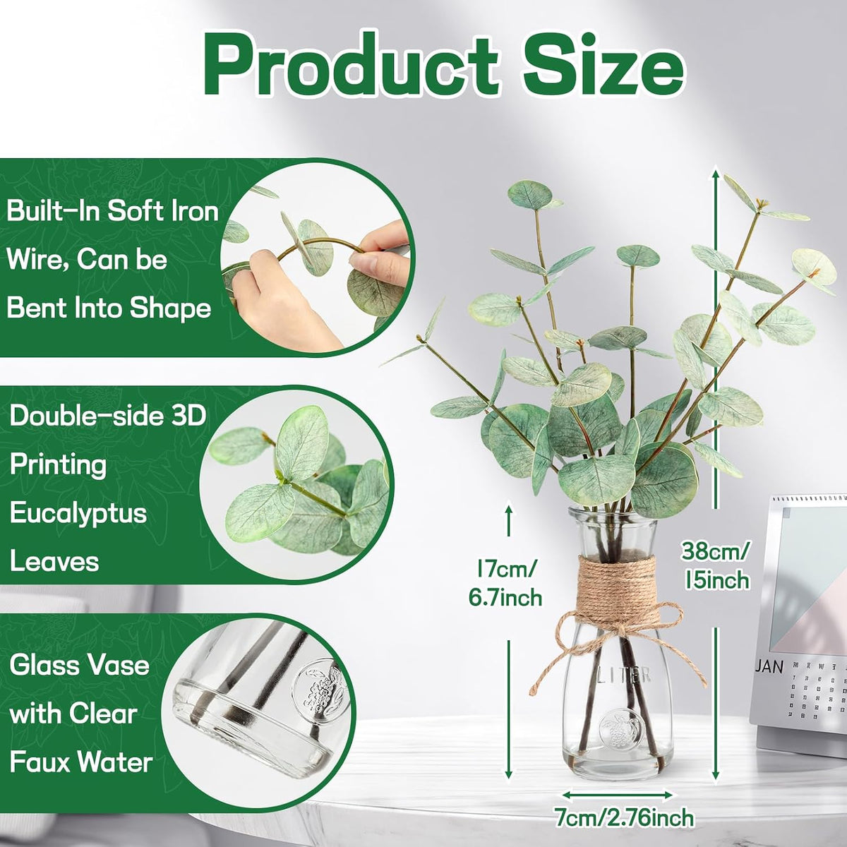 Artificial Eucalyptus Stems in Glass Vase with Faux Water, 15" Realistic Fake Plants for Bathroom Counter Decor, Small Faux Greenery for Coffee Table Centerpieces, Office Desk and Shelf Decor