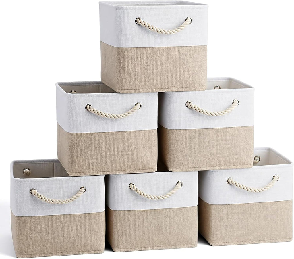 11 x 11 Inch Cube Storage Bins, 6 Pack Foldable Linen Organizer with Rope Handles for Home, Office, Closet, Clothes, Toys, White and Beige