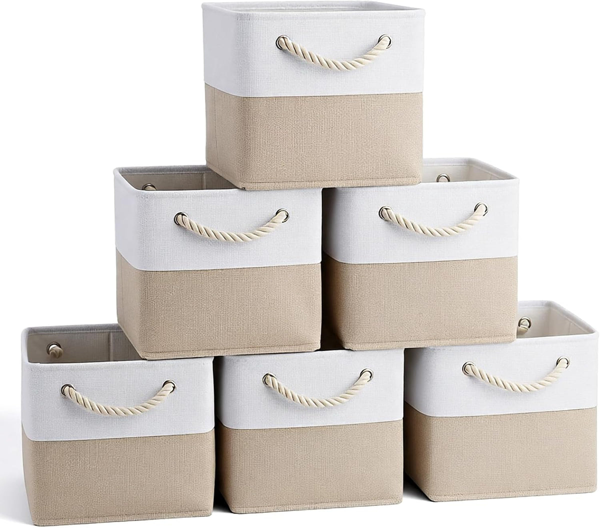 11 x 11 Inch Cube Storage Bins, 6 Pack Foldable Linen Organizer with Rope Handles for Home, Office, Closet, Clothes, Toys, White and Beige