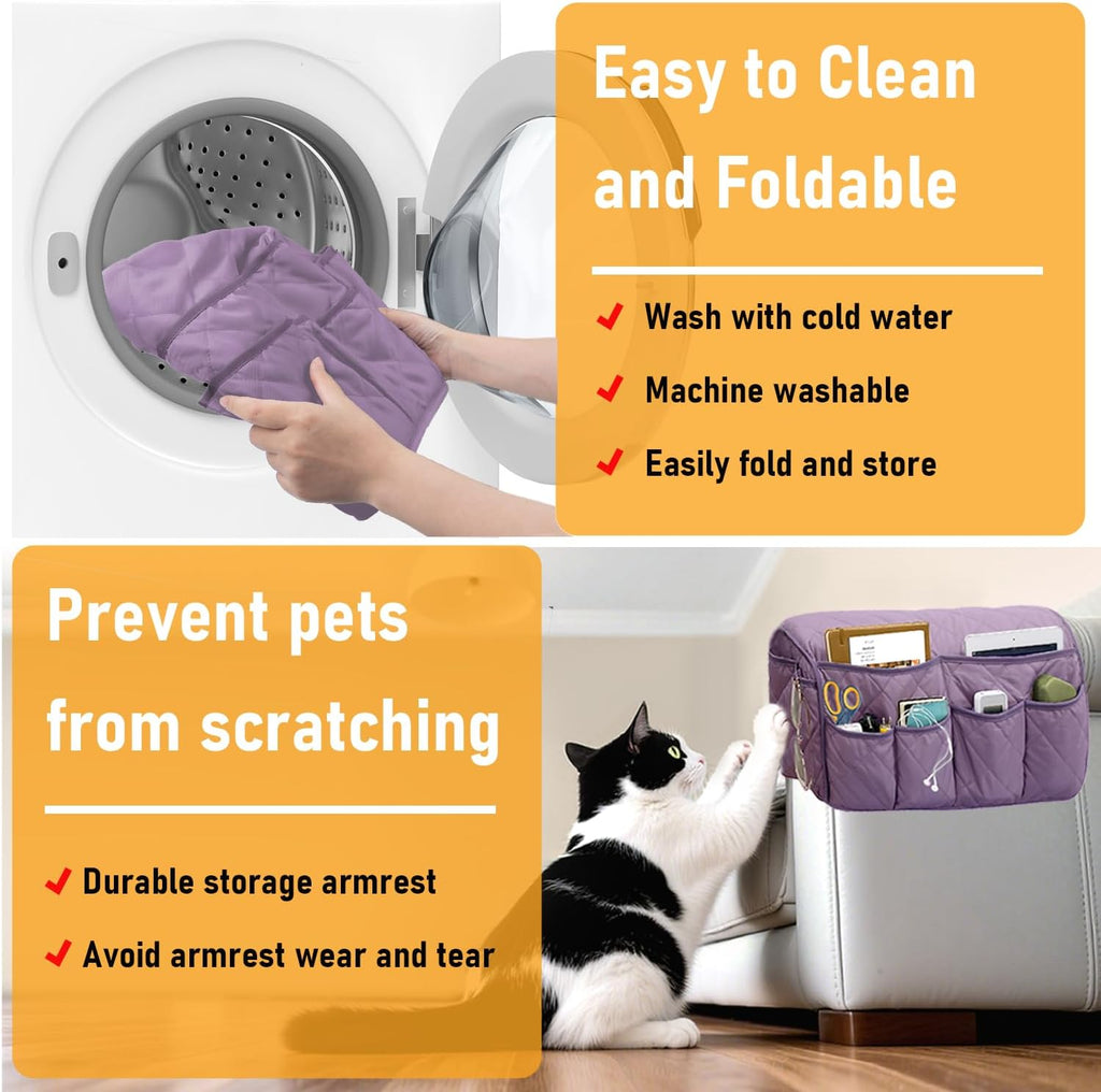 Armchair Caddy for Recliner, Non-Slip Recliner Pocket Organizer, Remote Holder for Recliners, Sofa Armrest Organizer, Couch Caddy with 14 Pockets Storage for TV Remote, Phone, Magazine (Purple)