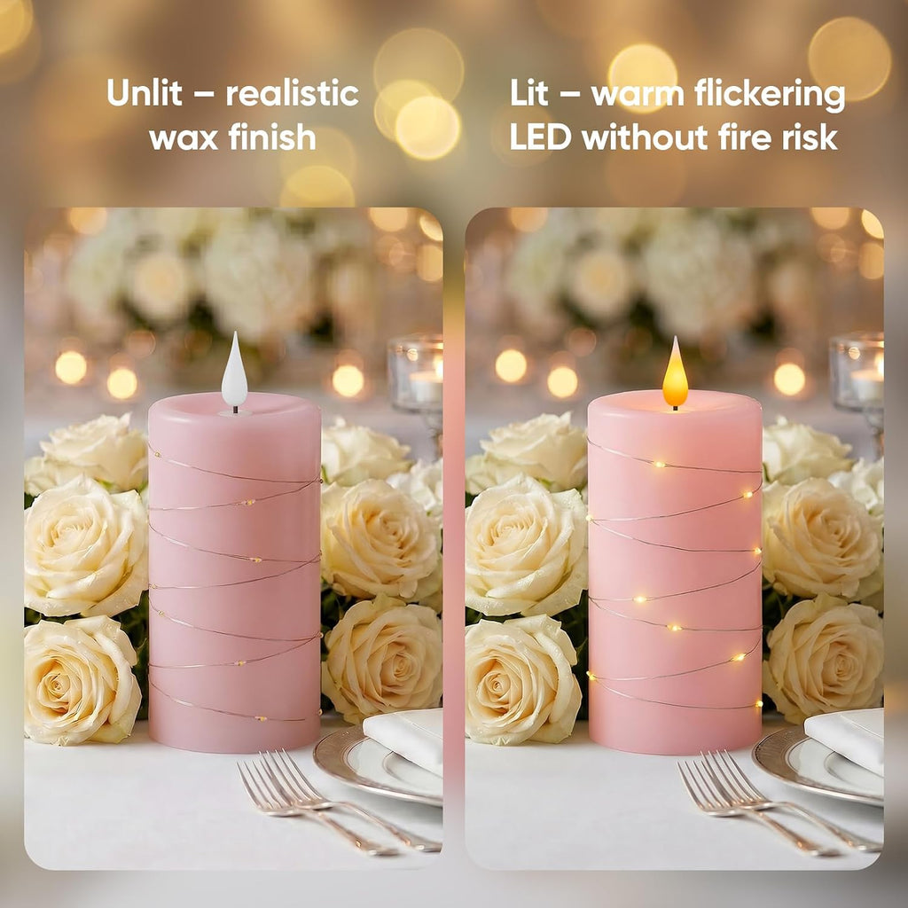Amagic Real Wax Flameless Candles with Embedded String Lights Set of 3 Pink
