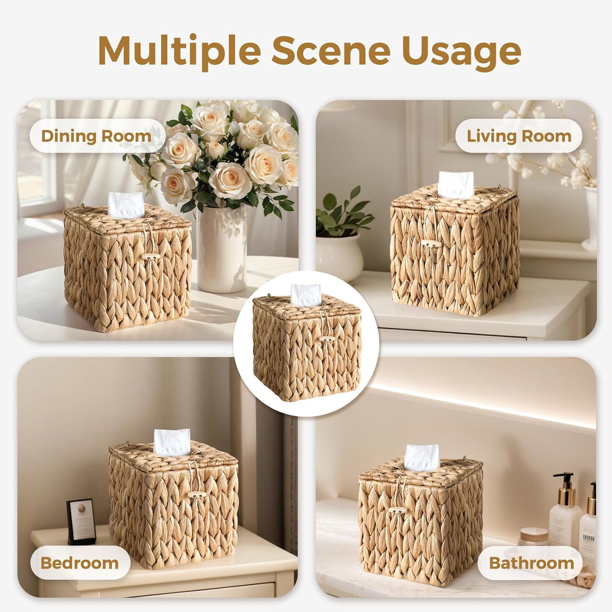Rattan Tissue Box Cover with Lid, Wicker Tissue Box Holder Square