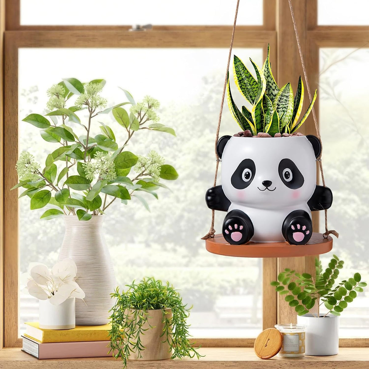 Swing Panda Hanging Planters for Indoor Plants, Cute Succulent Pots with Drainage Hole, Small Hanging Flower Pots Outdoor, Panda Gifts for Plant Lovers (Girl-Pink)