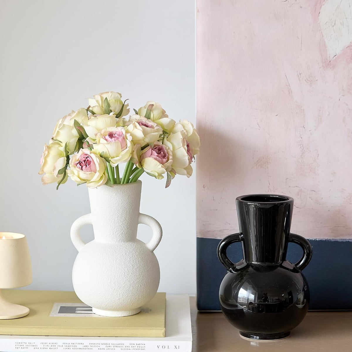 7 Inch White Ceramic Vase with 2 Handles, Modern Flower Vase Decorative Vases for Bouquet, Unique Vases for Home Decor Farmhouse Living Room Table Centerpieces Wedding Decorations