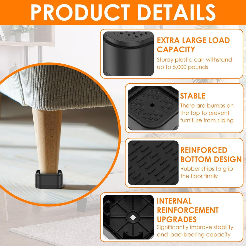 24 Pack Furniture Risers Adjustable Bed Risers Heavy Duty Lifts Height 1", Square Stackable Bed 1, 2 or 3 Inch for Desk Leg Table Couch Sofa Chair Frame Legs Dorm, Black