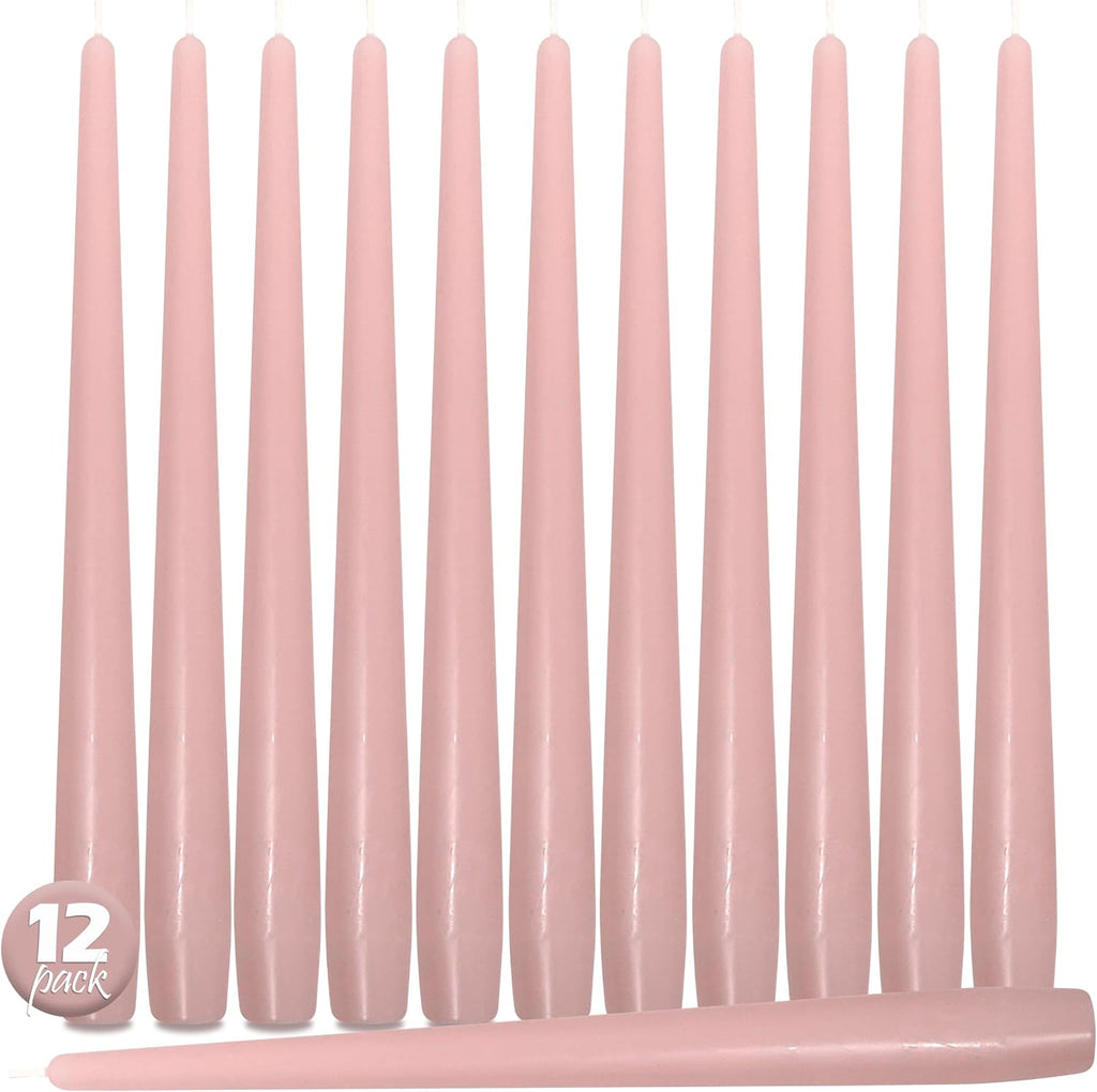 Hyoola Tall Taper Candles - 12 Inch Light Pink Unscented Dripless Taper Candles - 10 Hour Burn Time - 12 Pack