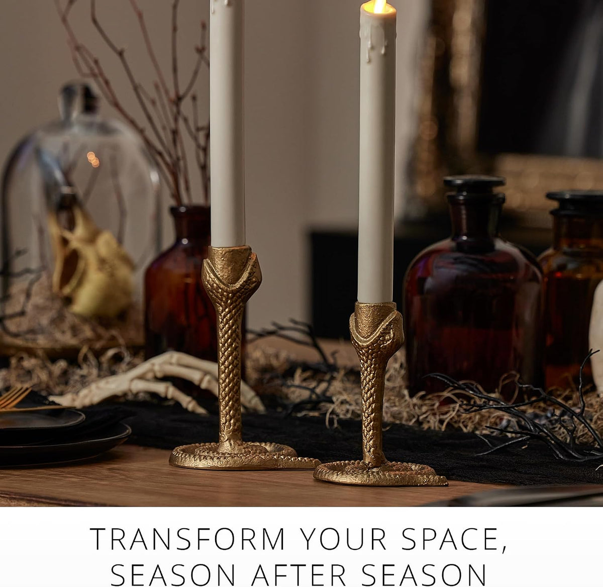 Luminara - Taper Candle Holder Compatible with Luminara Flickering Moving Flame Battery Operated Taper Candles Décor & Gift - Wrought Iron Antique Design Snake, Vintage Brass, (4.75” x 6.25”)