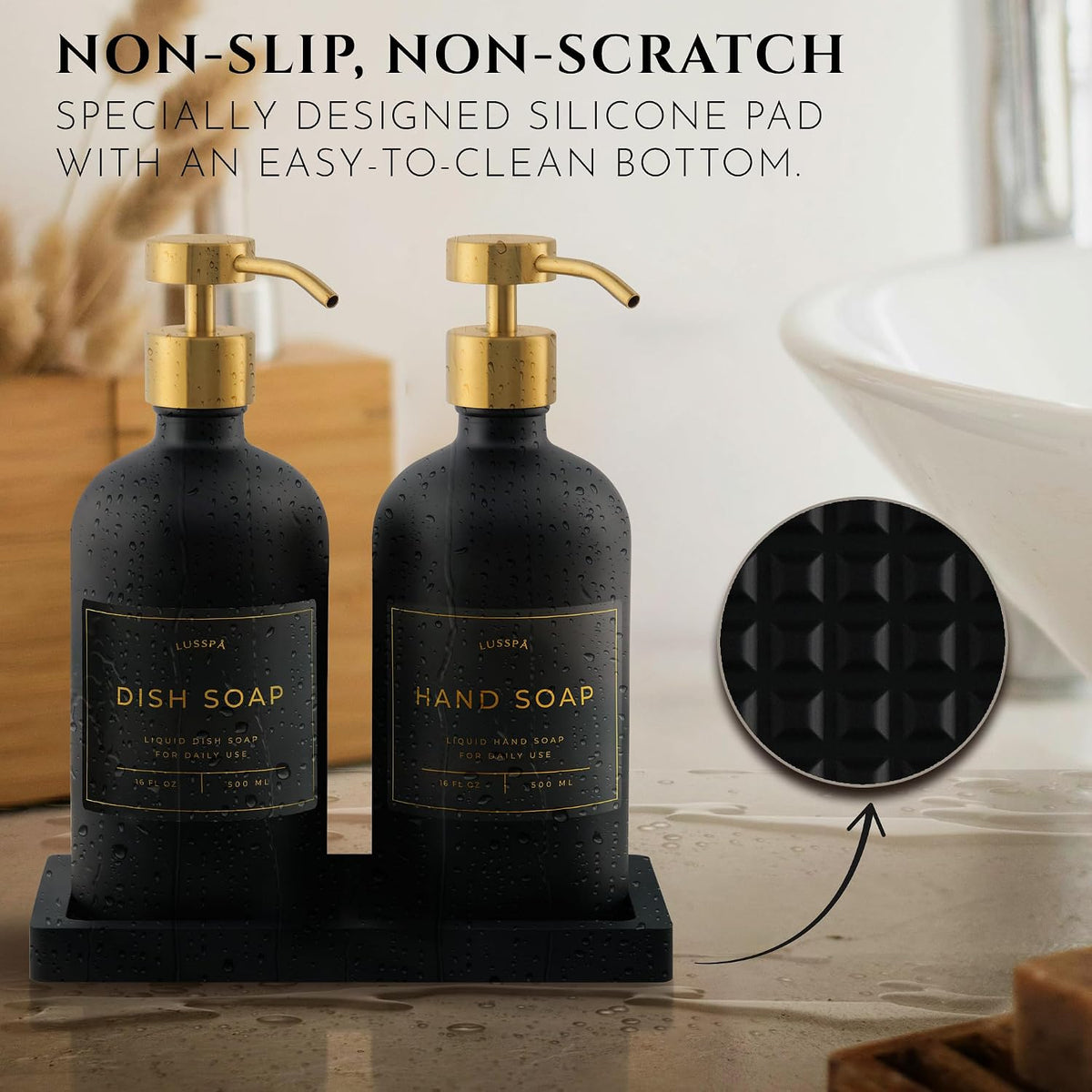 Glass Soap Dispenser Set of 2 (Black) with Silicone Tray | Hand and Dish Soap Dispenser for Kitchen and Bathroom | 16.8 Oz Glass Bottles with Stainless Steel Pump & 15 Waterproof Labels (Black/Gold)