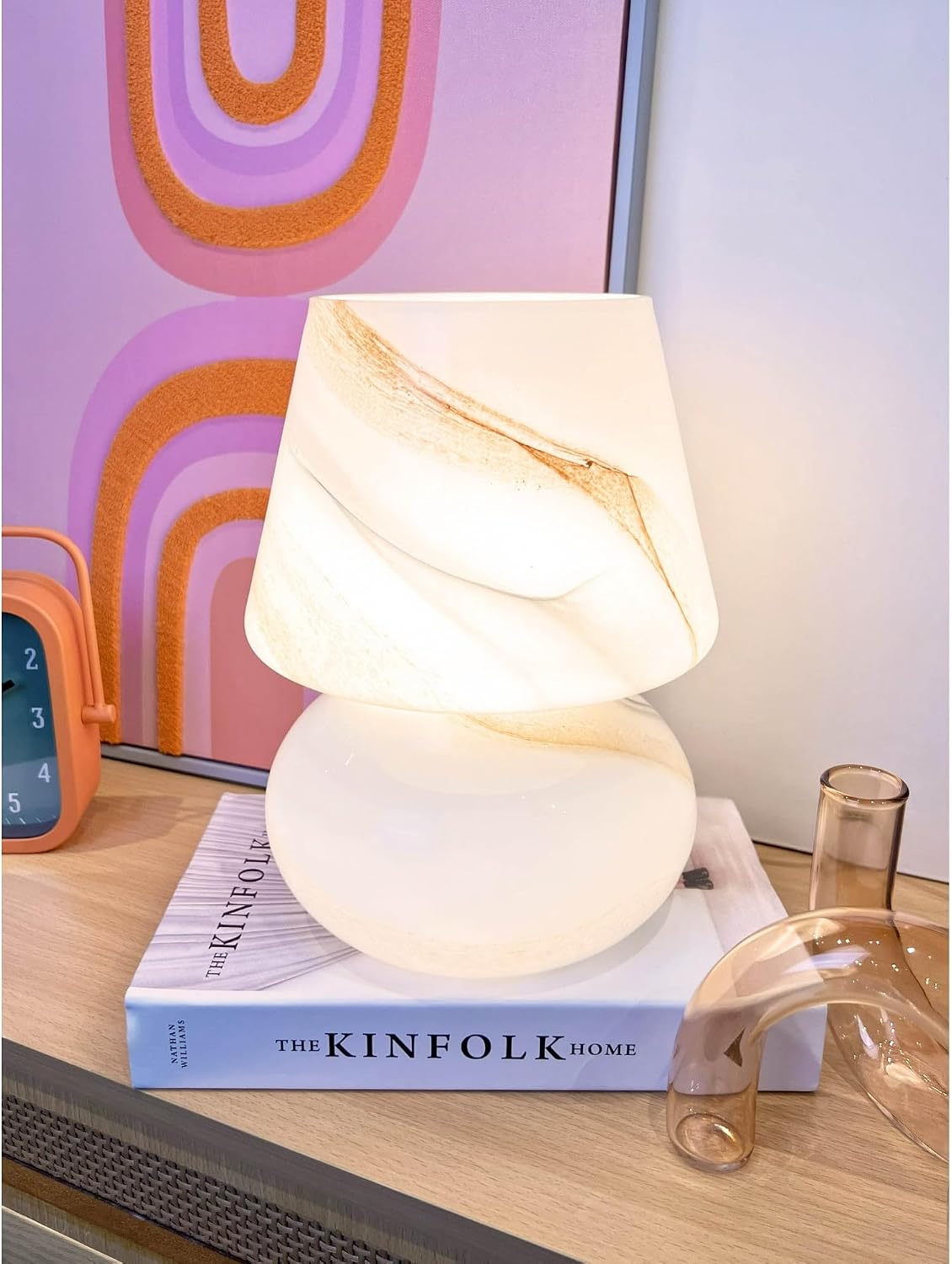 Urban Lifestyle Modern Mushroom Marble Glass Table Lamp with Soft Ambient Glow, Elegant White & Amber Swirl Design Bedside Lamp for Bedroom, Living Room, Dorm, Office Desk Lighting