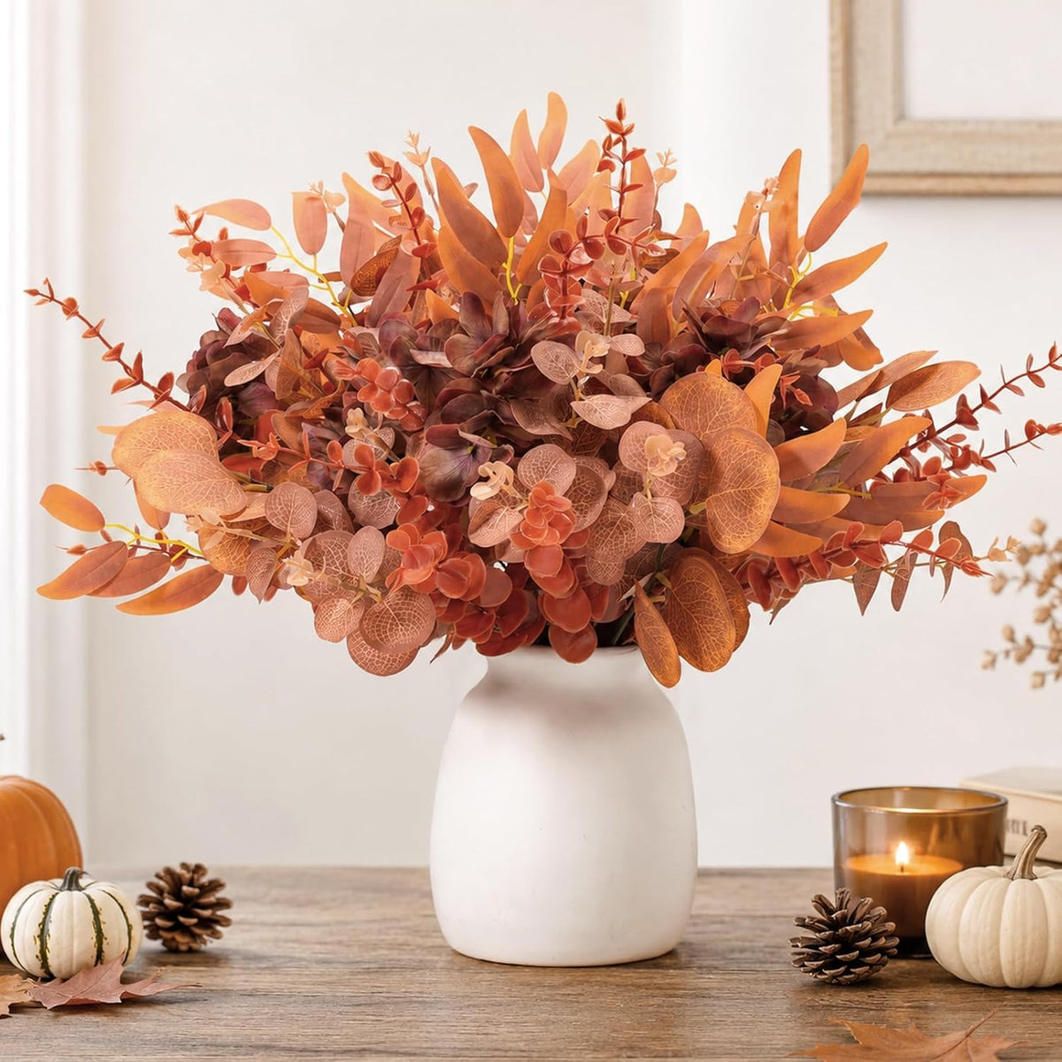 Palonu 150 Pcs Artificial Fall Eucalyptus Stems with Hydrangea Heads, Faux Red Brown Eucalyptus Leaves Bulk for DIY Autumn Wedding Bouquets, Thanksgiving Table Centerpieces, Rustic Home Decor