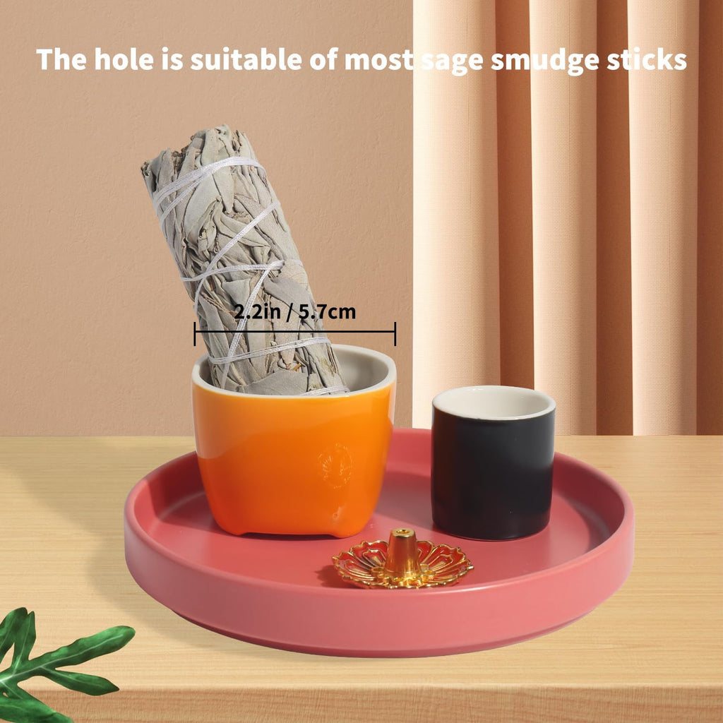 4 in 1 Incense Holder, 5.5" Ceramic Palo Santo Stick Holder, Sage Holder for Burning, Sage Incense Burner for Meditation Yoga Room and Home Decor