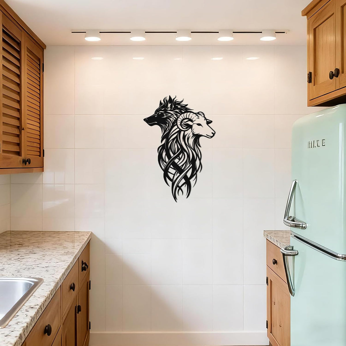 Wolf & Ram Interwoven Metal Wall Art, Black Rustic Dual Wildlife Home Decor