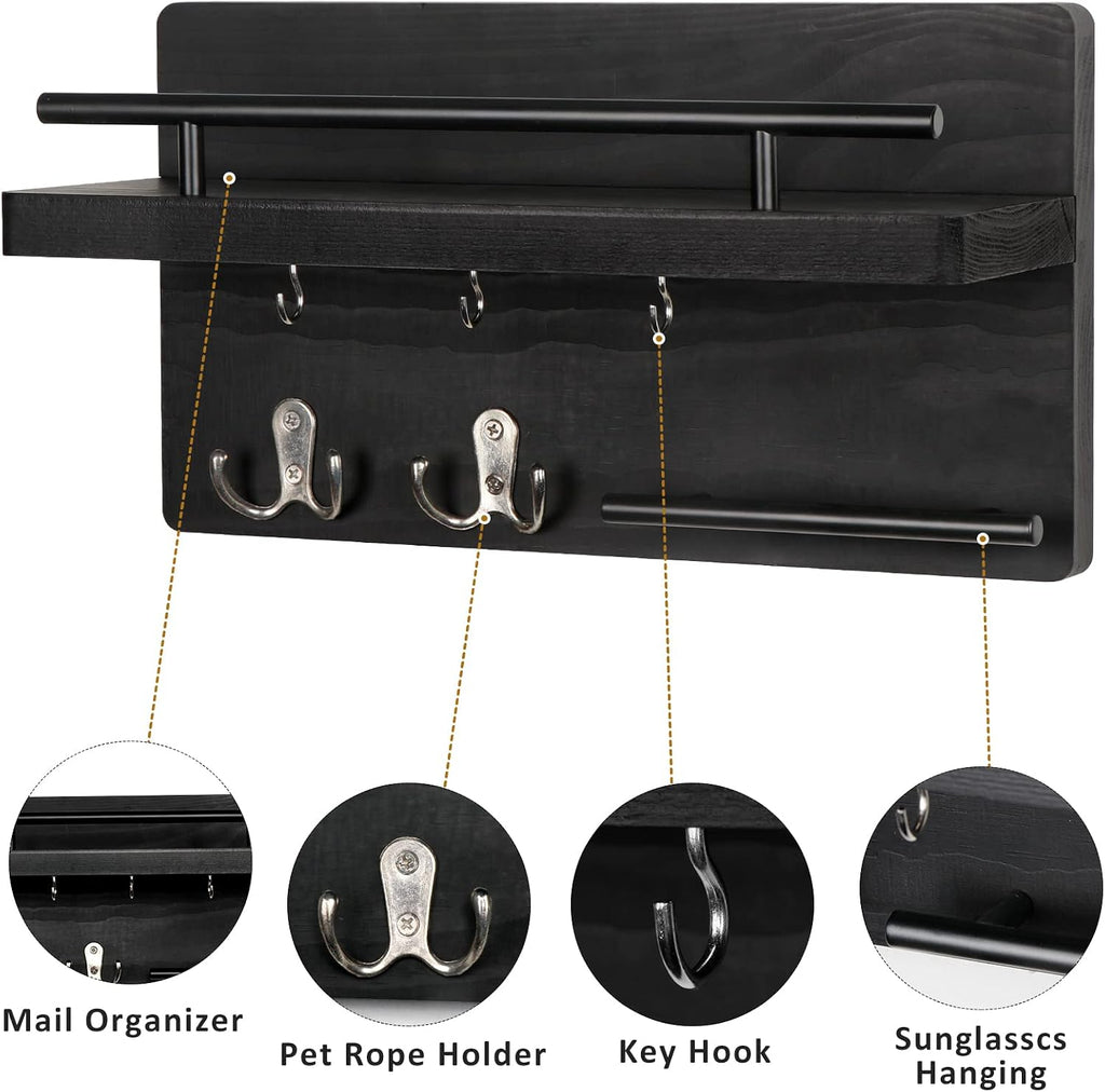 Wooden Wall Mounted Key Holder for Wall with Shelf &5 Key Hooks Home Decor