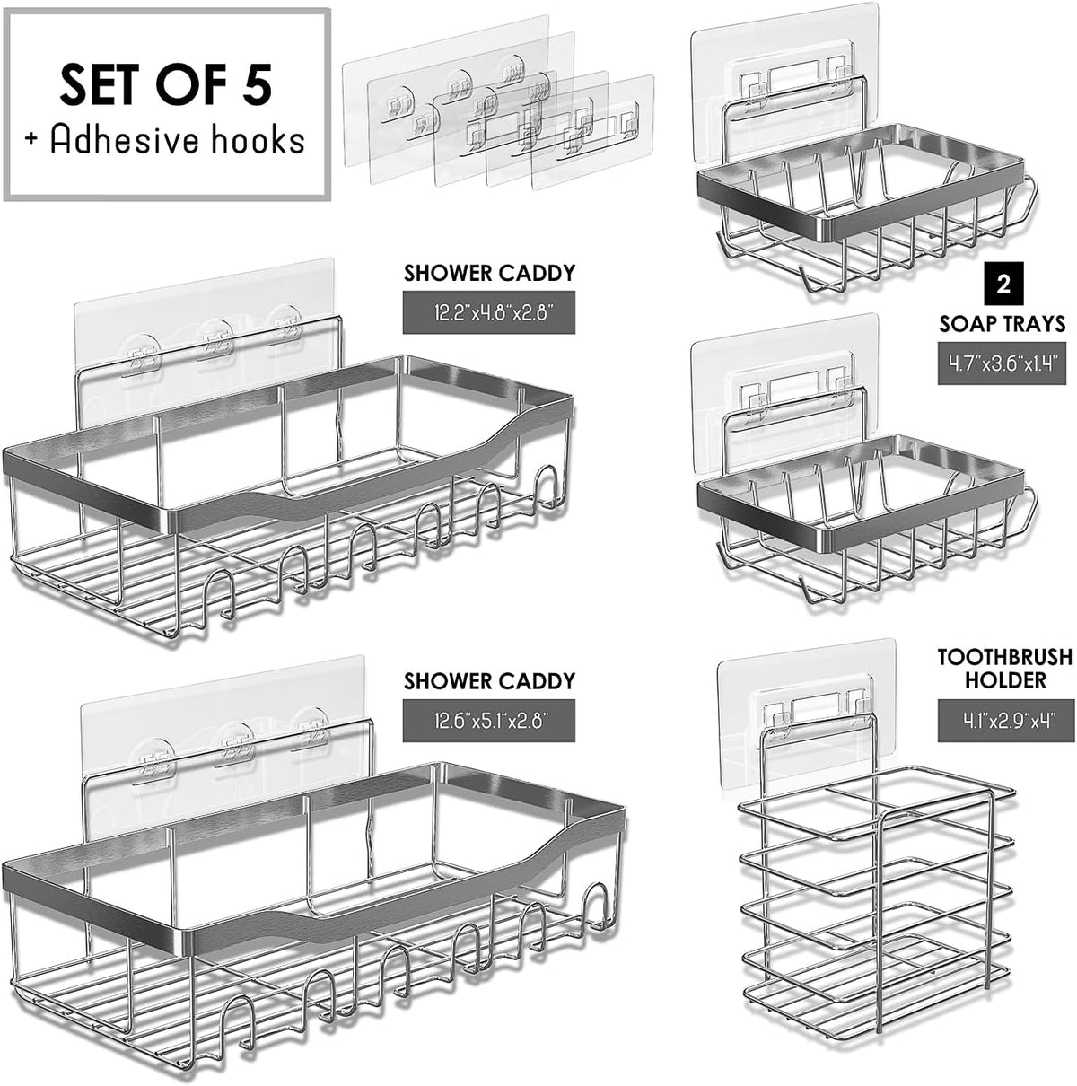 Clara Clark Shower Caddy Adhesive Organizer - Large Capacity Shower Rack, Rustproof Stainless Steel Shelves for Bathroom Storage & Home Decor