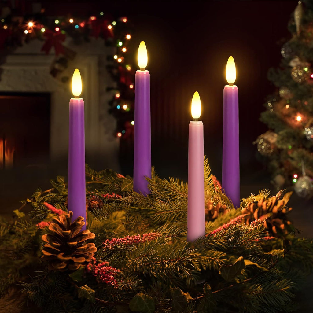 Daord 7.9" Advent Taper Candles Set of 4 Christmas LED Flameless Long Candle 3 Purple and 1 Pink for Advent Rituals Festival and Special Occasions Church Decor(3Purple+1Pink(A))