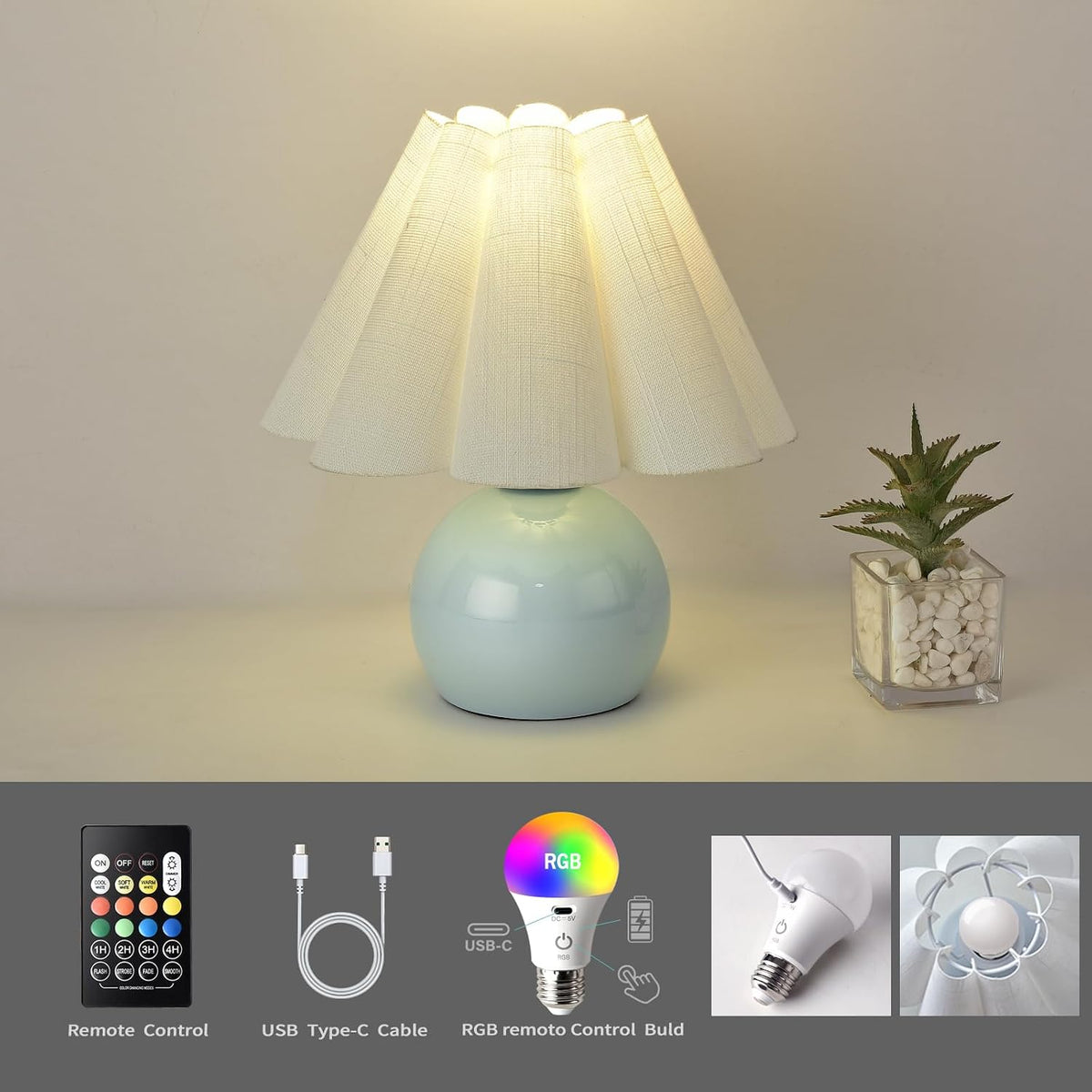 Rechargeable Crodless Small Table Lamp, Battery Operated Remote Control LIght Blue Mini Cute Table Lamps for Bedroom Nightstand, Cute Small Table Lamp for Small Spaces for Kitchen Counter, Bookshelf