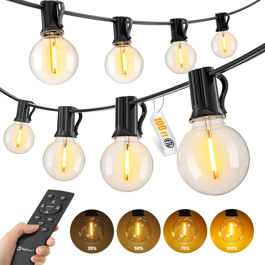 100Ft Outdoor String Lights with Remote, Dimmable G40 LED Bulbs, Waterproof