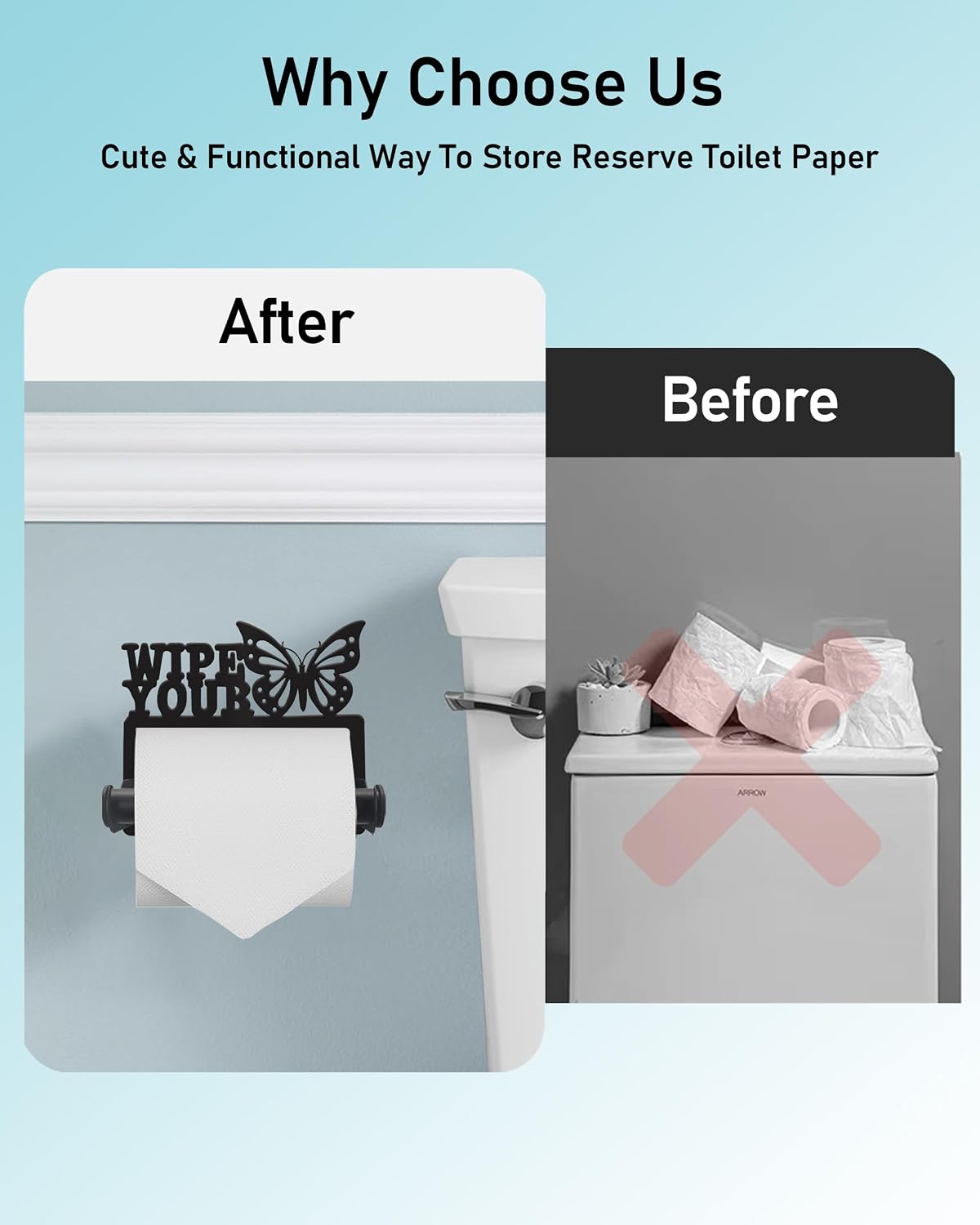 Butterfly Toilet Paper Holder Wall Mounted, Bathroom Decorative Metal Toilet Paper Mega Roll Holder, Rustproof Matte Black Toilet Paper Roll Dispenser for Kitchen Washroom