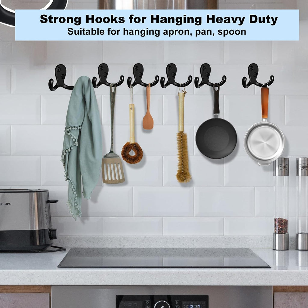 Kruodop 4 Pack Wall Hooks Wall Mounted Coat Hooks for Hanging Heavy Duty, Black Towel Hooks, Metal Double Coat Hanger with Screws Cup Retro for Coats, Handbags, Towels, Hat