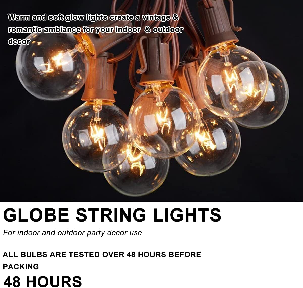 Abeja 25Ft Outdoor Patio String Lights with 27 Clear G40 Bulbs, UL Listed for Porch Bars Deck Wedding Party Markets Decor, 5W, E12 Socket Base, Brown