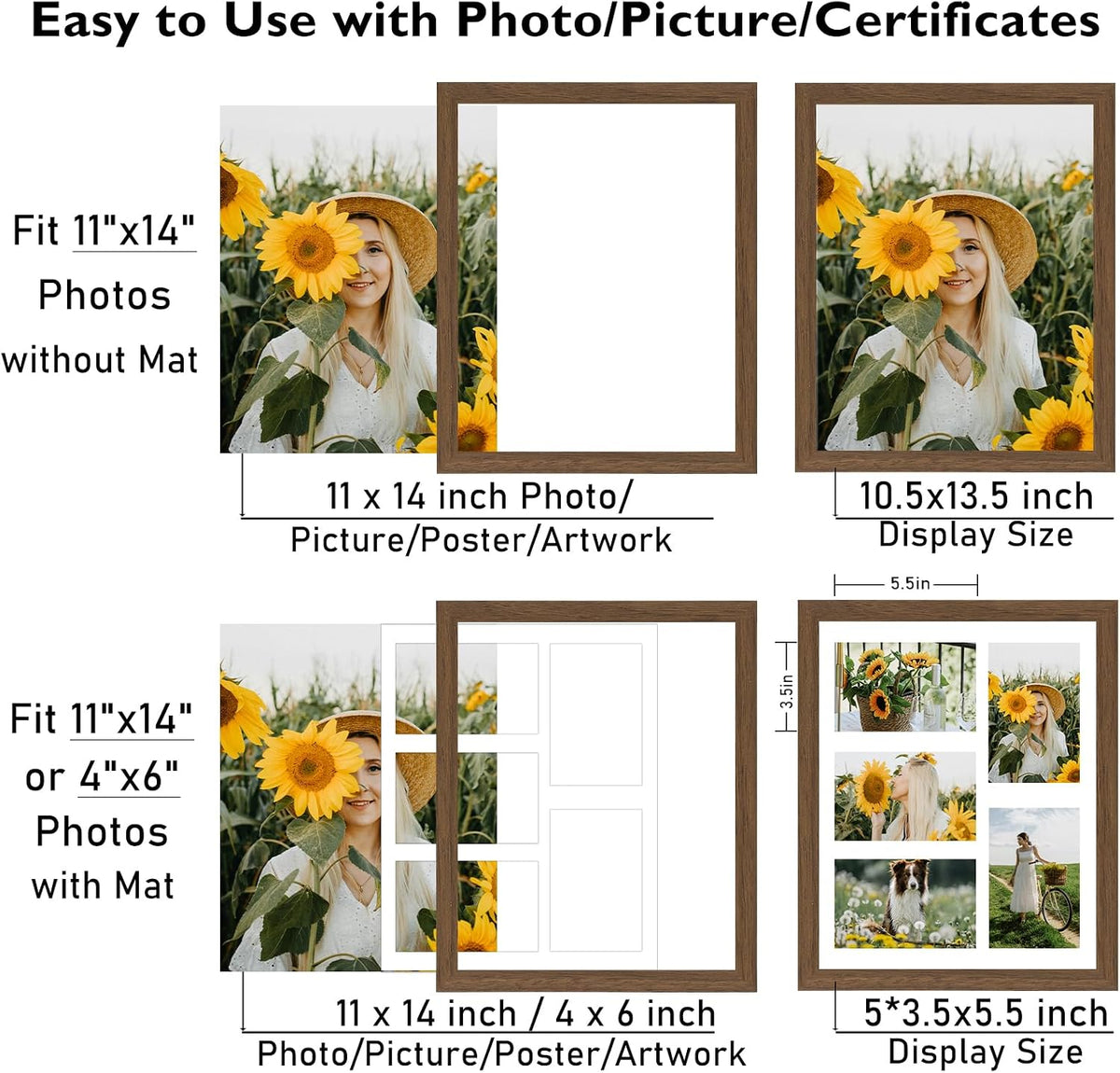 JCJMY 11x14 Picture Frame, 4x6 Collage Picture Frame, Display 5 Pcs 4x6 Photos or 11x14 Picture, Five Opening 4x6 Collage Frame for Wall Hanging, Lightweight 4 x 6 Multi Pictures Frame, Brown