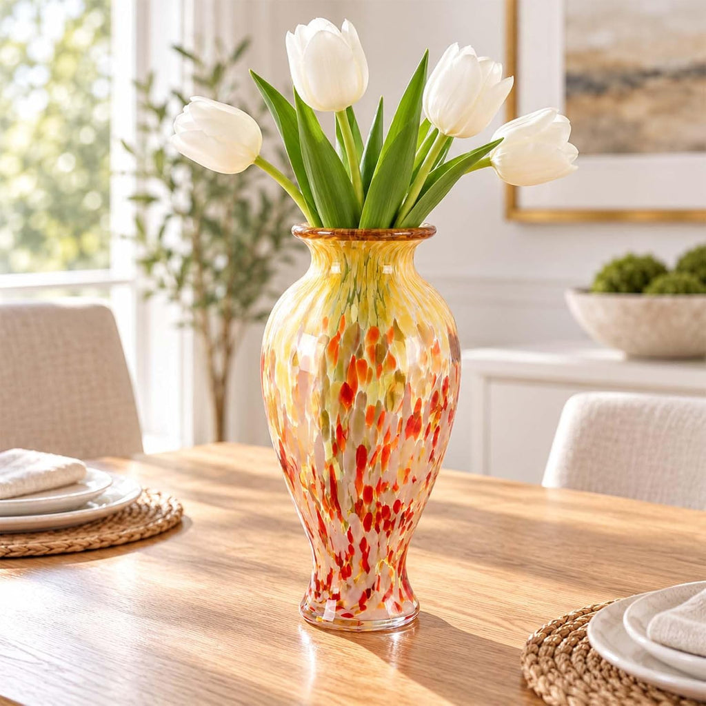 11.8" Tall Glass Vase Beautiful Hand Blown Glass Vase Modern Art Home Decor, Wide Mouth Colorful Vases for Mantle Dining Table Centerpiece, Entryway Living Room Wedding Decoration (Amber Swirl)