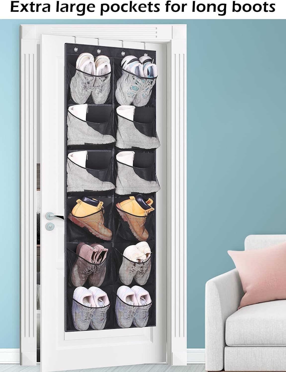 KIMBORA Boots Hanging Shoe Organizer for Closet 12 Extra Large Mesh Pockets Over The Door Shoe Rack for Men Shoes Size 16, Black