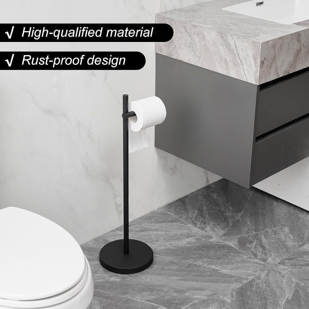 BWE Black Free Standing Toilet Paper Holder for Bathroom Tissue Storage