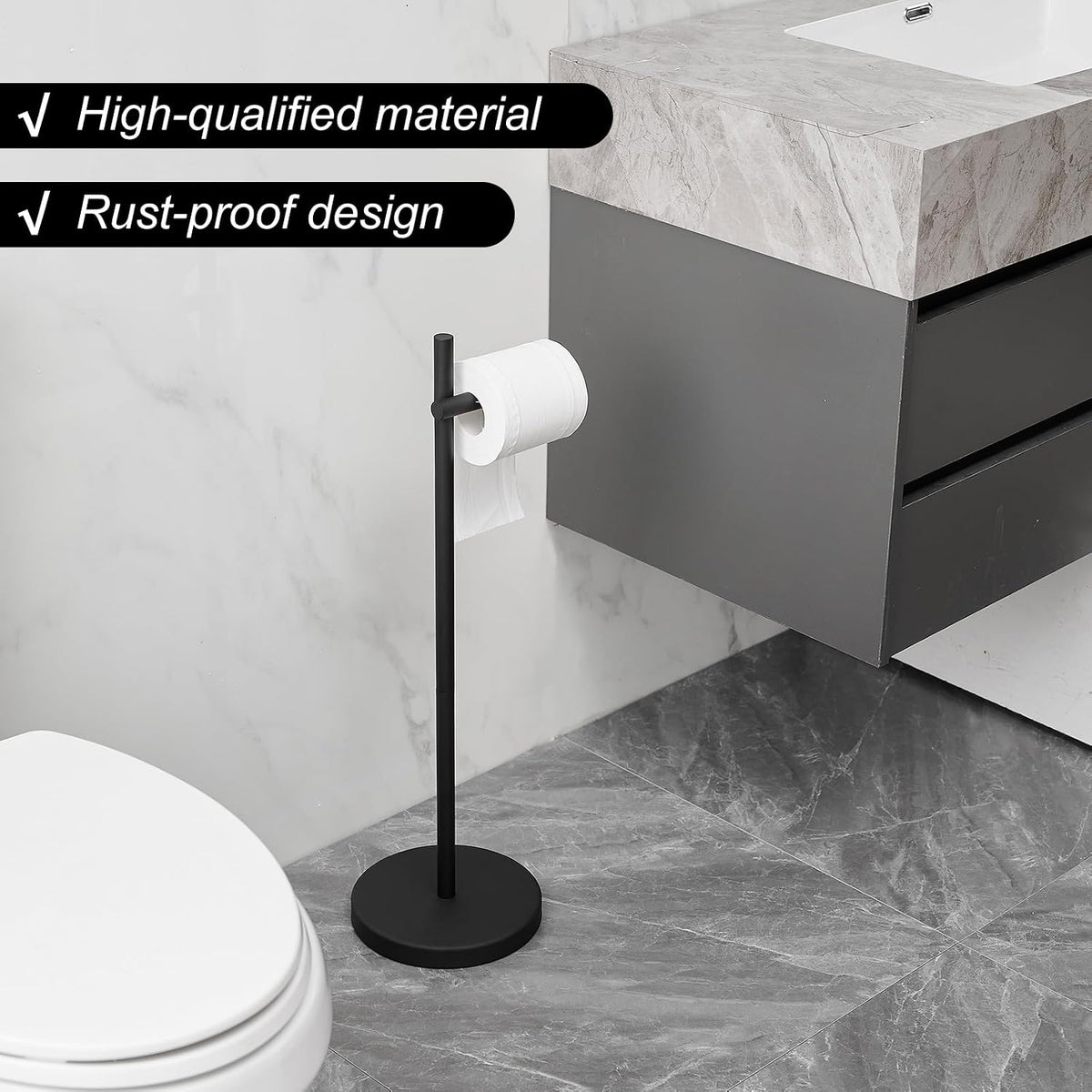 BWE Black Free Standing Toilet Paper Holder for Bathroom Tissue Storage
