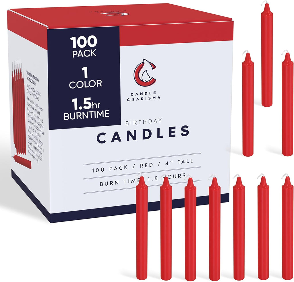 Candle Charisma 100 Red Spell Candles - 4" Unscented Paraffin Chime Candles, Smokeless & Dripless, Colored Candles, 1.5 Hours Burn Time 0.4" Thick Taper Candles for Rituals,Birthdays and Parties