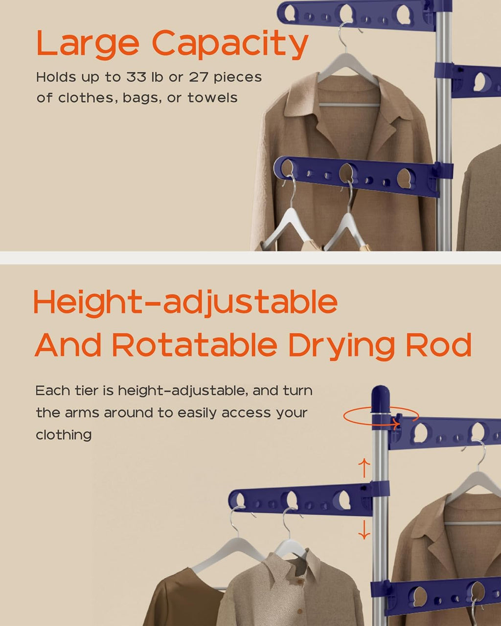 CASAMAYA Clothes Drying Rack Foldable, 70.9 inch Tripod Drying Rack for 35 Pieces of Clothes, with Height-Adjustable Rotatable Clothes Rails, Space Saving, Stainless Steel, Blue and Silver CDR005Q01