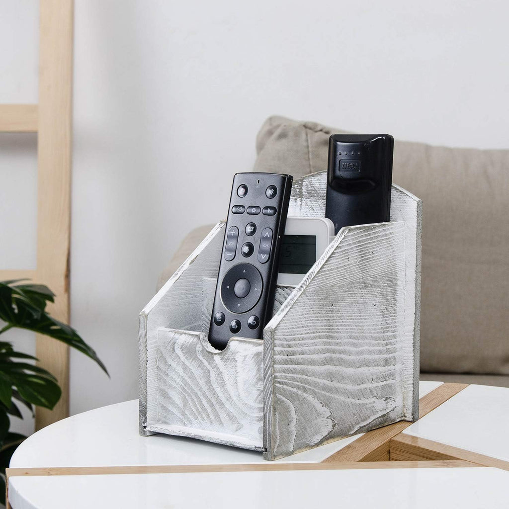 3 Slot Rustic Wooden Remote Control Frame Media Organizer, Office Supply Storage Rack,Pen storage box (Grey)