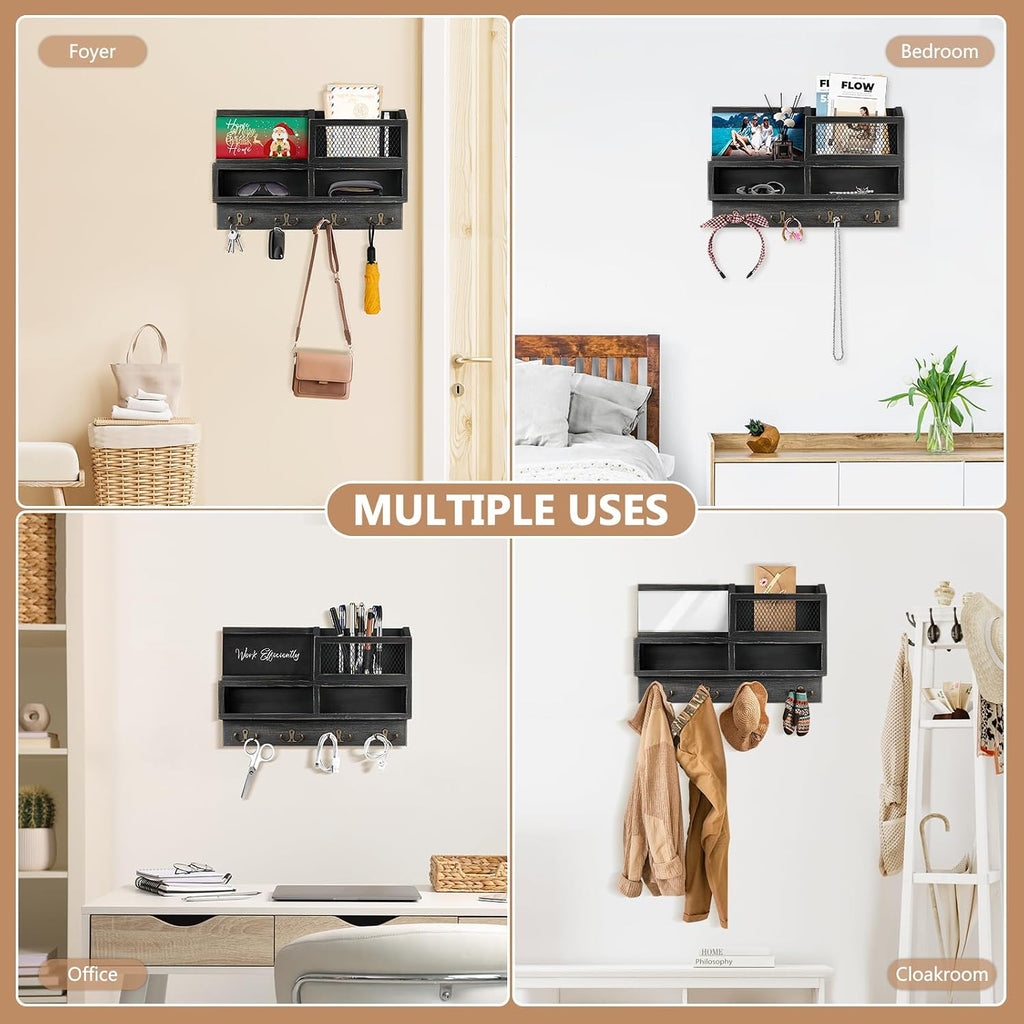 Key Holder Wall Mount, Wooden Mail and Key Organizer, Black