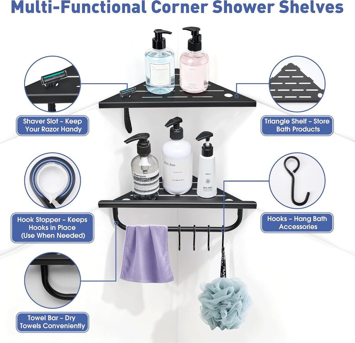 Corner Shower Shelf, 10'' Shower Corner Shelf with Towel Bar & Hooks, 304 Stainless Steel Recessed Bathroom Shelves, Grout in Bathroom Shower Shelf for Tiled Wall, 2-Pack (Matte Black)
