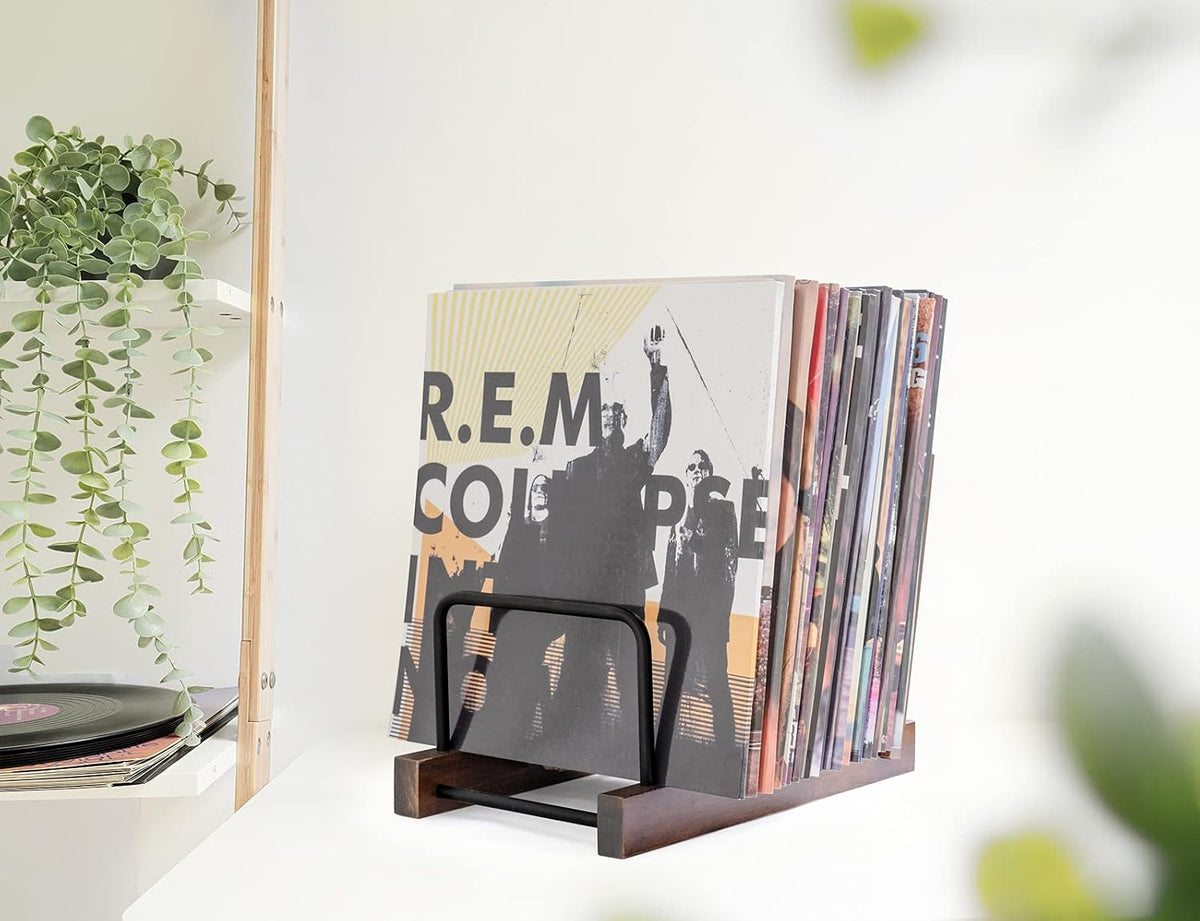 Mkono Vinyl Record Storage Holder Modern Album Display Solid Wood Stand with Black Metal Rack Farmhouse Home Decor Organizer for Vinyl Record, Holds up to 30 Albums, 11.8''L x 7''W x 8.7''H, Brown