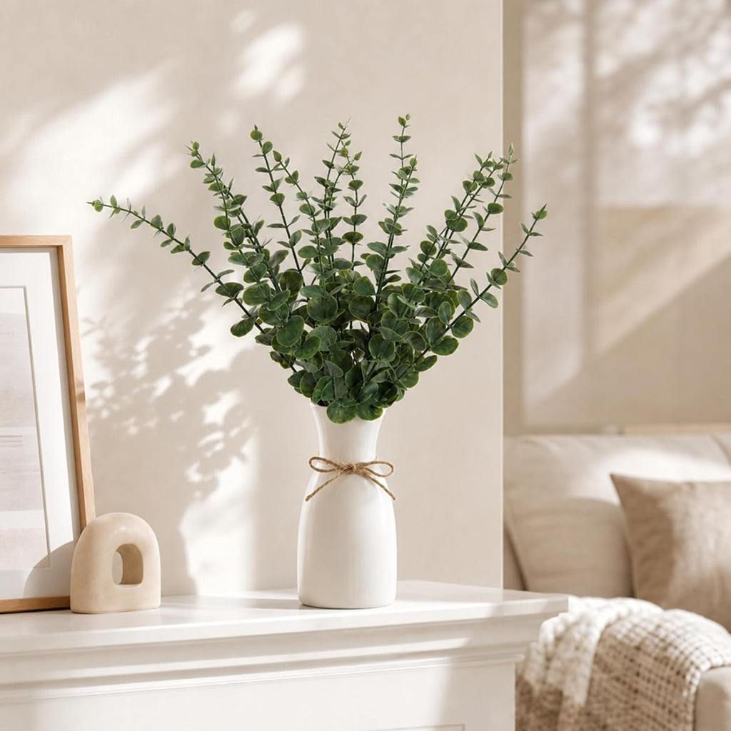 18 Pcs Artificial Eucalyptus Stems Dark Green Leaves Fake Greenery Branches Faux Flowers Bouquet for Home Decor Wedding Centerpiece Table Decoration