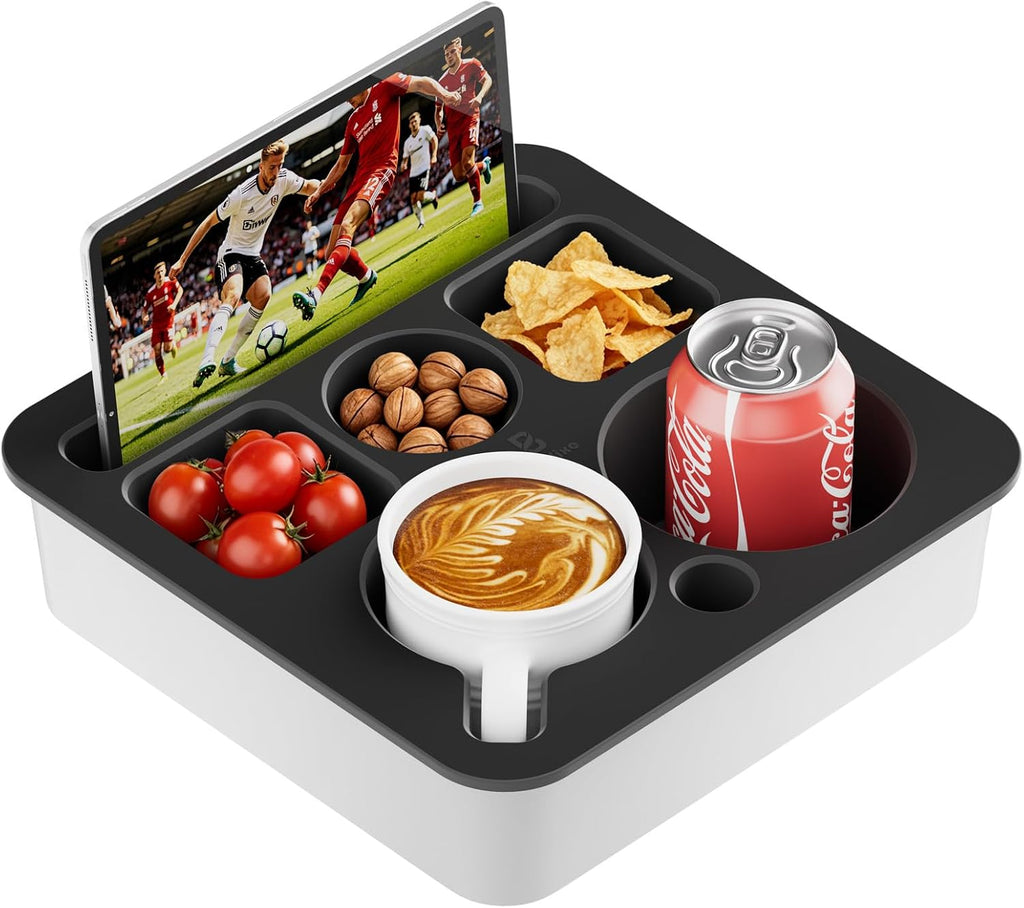 Couch Cup Holder Tray, Anti-Spill Couch Caddy, White-Black