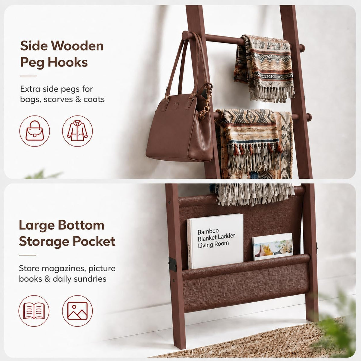 BAMBANG 71" 4-in-1 Blanket Ladder for Living Room, 5-Tier Leaning Bamboo Decorative Towel & Quilt Rack with Magazine Leather Pocket, 4 Detachable Hanging Bars, Space-Saving Shelf for Bedroom (Brown)