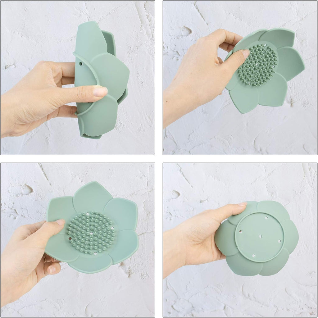 AUEAR, 4 Pack Lotus Flowers Soap Dish with Drain Silicone Holder Non-Slip Flexible Tray for Bathroom Shower