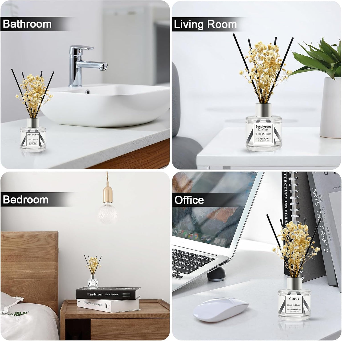 Reed Diffuser Set of 3 Pack,Citrus,Clean Linen,Ocean Scented Oil Diffuser with 12 Sticks,Reed Diffuser for Home Living Room Office Bathroom Air Freshener,50ml x 3