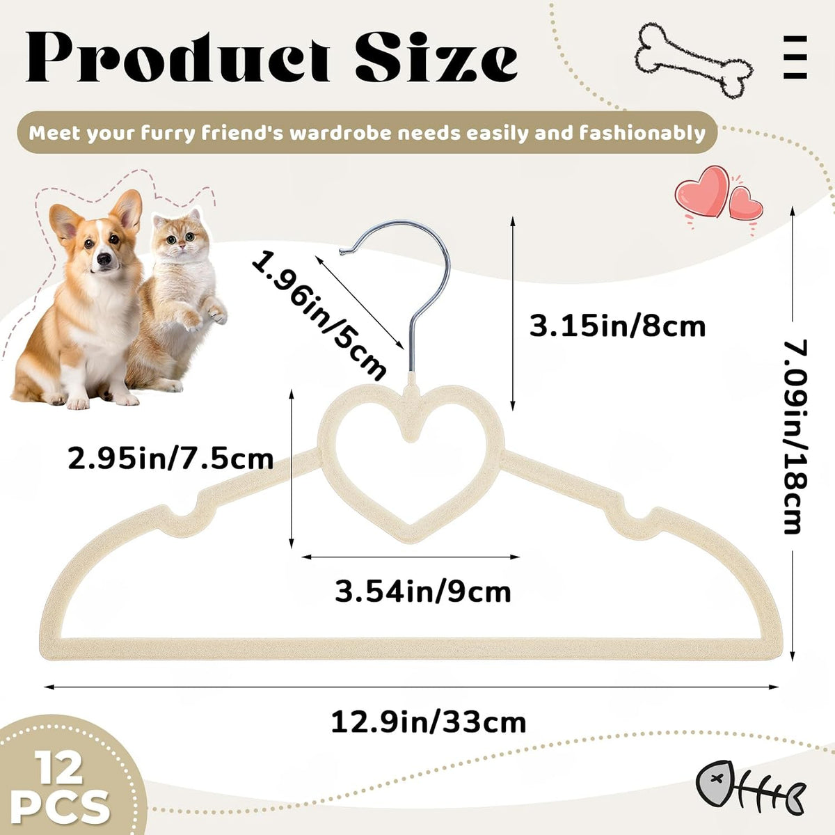 24 Pcs Pet Hangers 13'' Non-Slip Velvet Metal Hooks,Beige