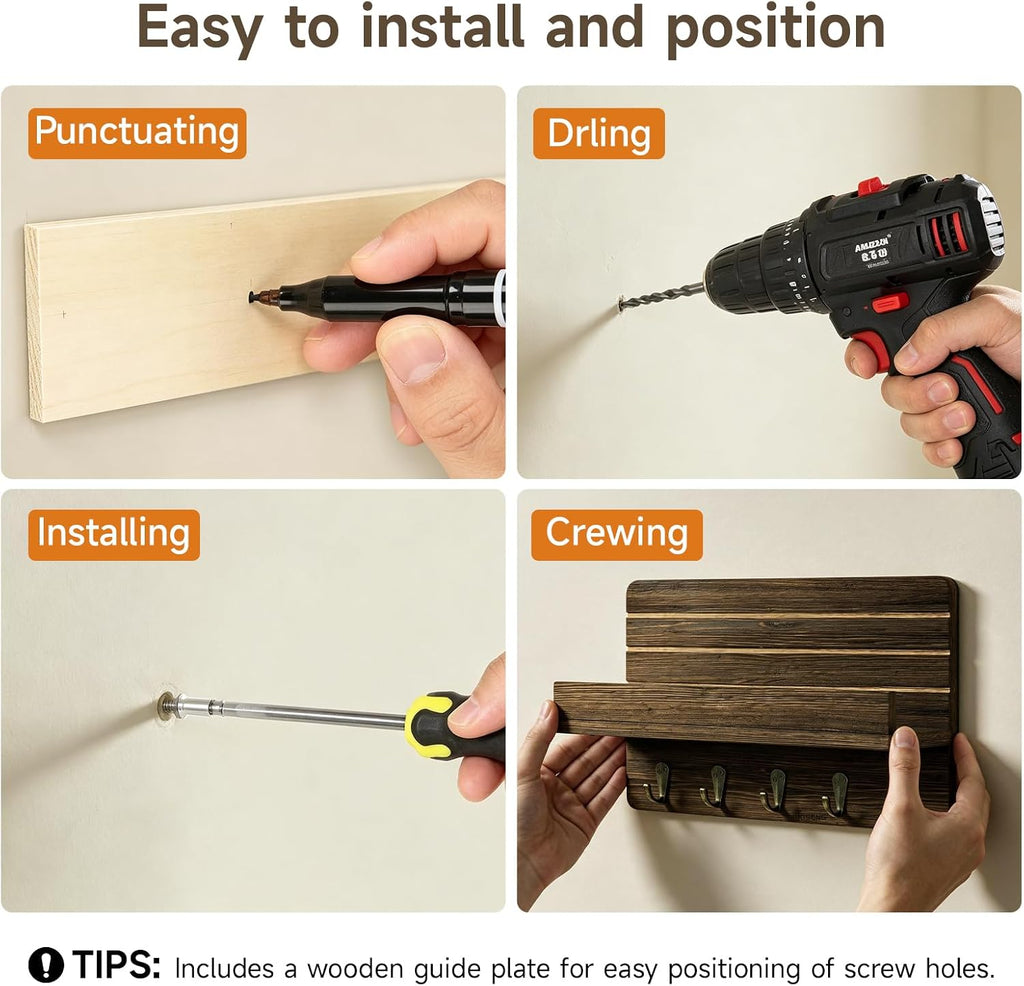 Key Holder Wall Mount,Key and Mail Organizer with Wooden Shelf,Charcoal