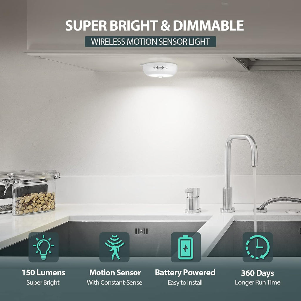 Alivation Motion Sensor Light Indoor, LED Closet Light Battery Operated, Night Light Under Cabinet Lighting, 3 AA Battery Powered, Puck Lights for Wall, Stair, Dimmable (6 Pack)