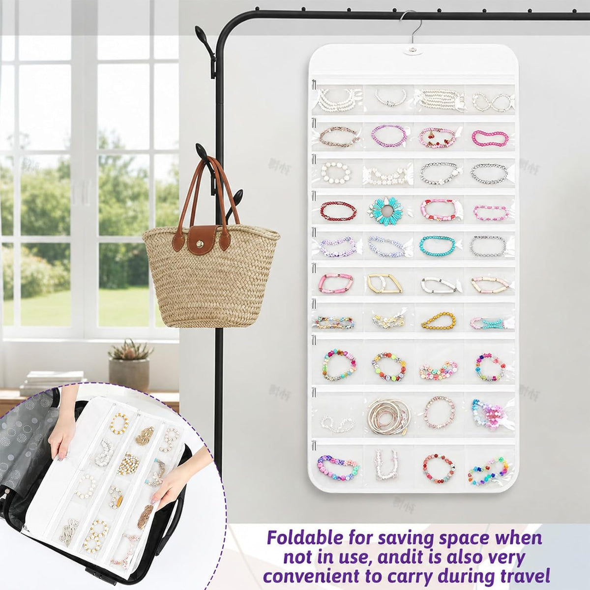 2 Pack Hanging Jewelry Organizer with 80 Zippered Pockets (White)